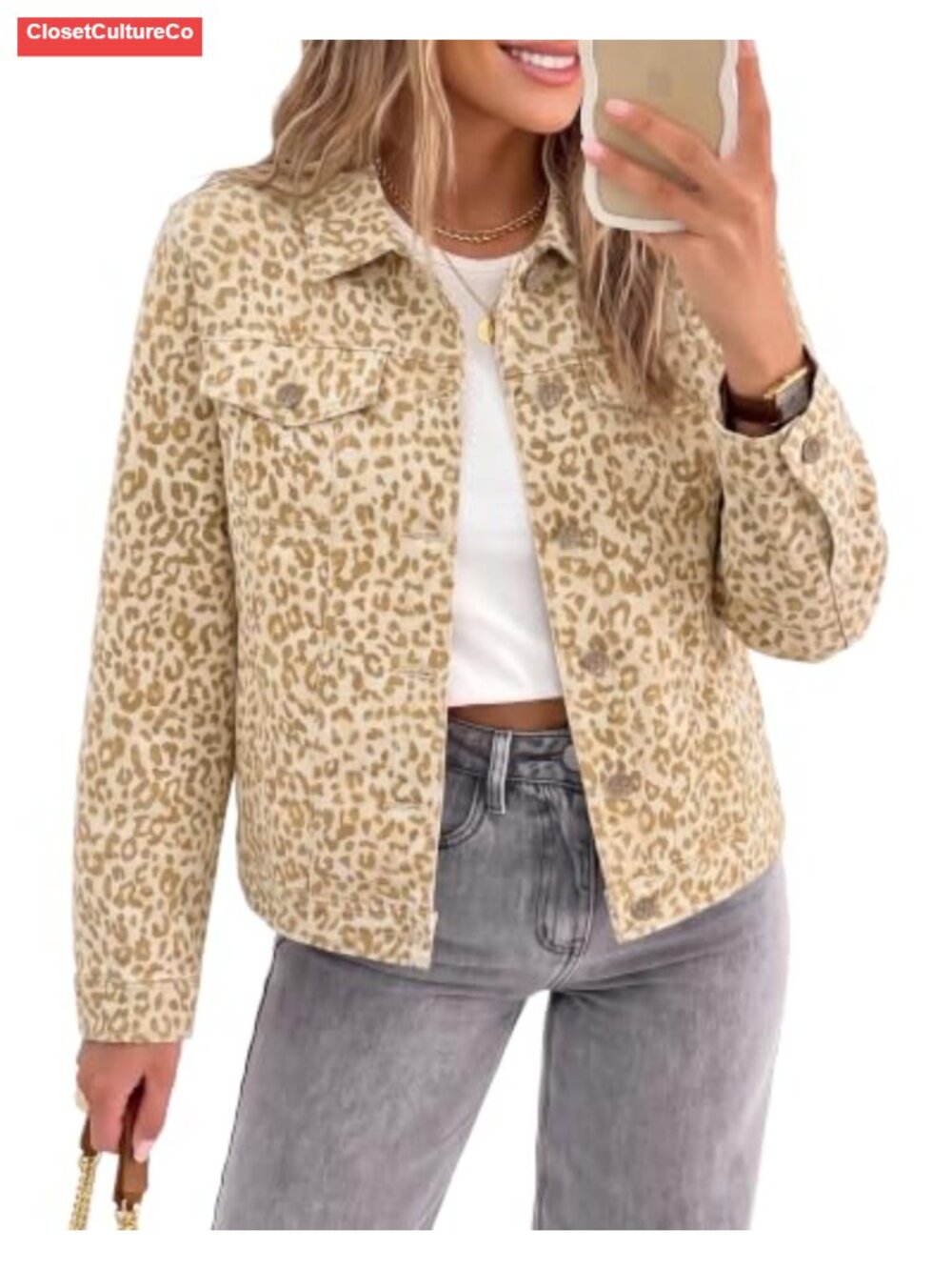 Leopard Cheetah Print Stretch Denim Trucker Jacket Womens Casual Cropped